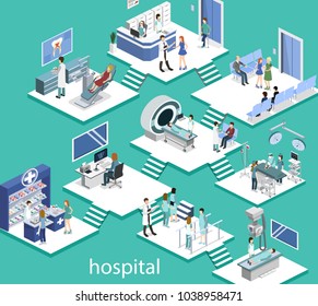 Isometric 3D vector illustration set of reception, mrt, surgery, rehabilitation, pharmacy and dentist