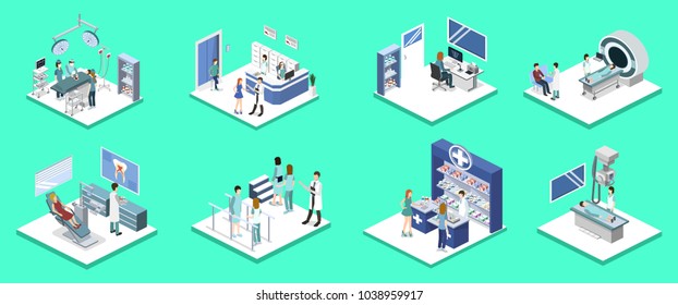 Isometric 3D vector illustration set of reception, mrt, surgery, rehabilitation, pharmacy and dentist