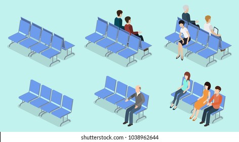 Isometric 3D Vector Illustration Set Collection Of People Sitting On A Bench And Waiting For Reception