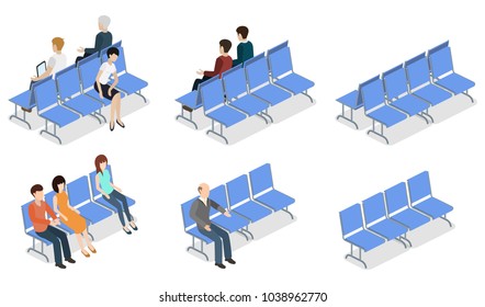 Isometric 3D vector illustration set collection of people sitting on a bench and waiting for reception