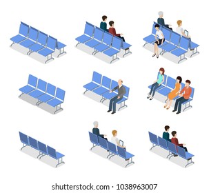 Isometric 3D vector illustration set collection of people sitting on a bench and waiting for reception