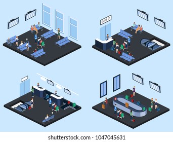 Isometric 3D vector illustration set people at the airport with luggage and waiting for the plane