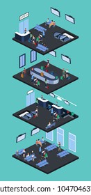 Isometric 3D vector illustration set people at the airport with luggage and waiting for the plane