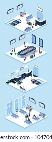 Isometric 3D vector illustration set people at the airport with luggage and waiting for the plane