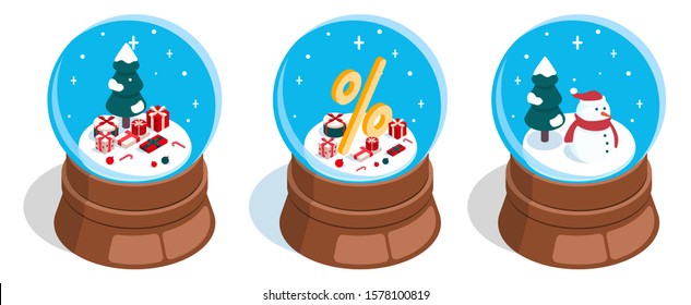 Isometric 3D vector illustration Set of snow balls with christmas elements.  