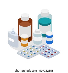 Isometric 3D vector illustration of set of medical medicines. Pharmaceuticals and medical pills. Treatment and prescription for taking pills. Solutions for treatment.