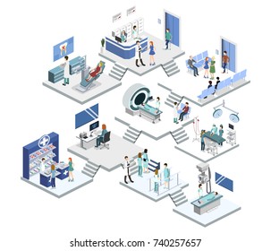 Isometric 3D vector illustration set of reception, mrt, surgery, rehabilitation, pharmacy and dentist