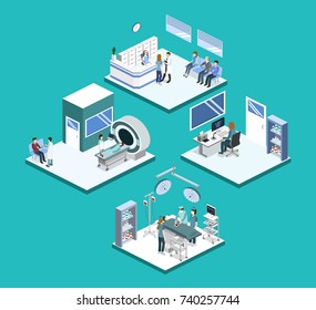 Isometric 3D vector illustration set of reception in the hospital, mrt, x-ray, surgery