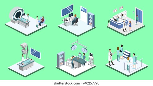 Isometric 3D vector illustration set of reception in the hospital, mrt, x-ray, surgery, rehabilitation