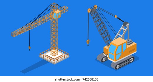 Isometric 3D vector illustration set building lifting crane