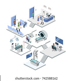 Isometric 3D vector illustration set of reception in the hospital, mrt, x-ray, surgery