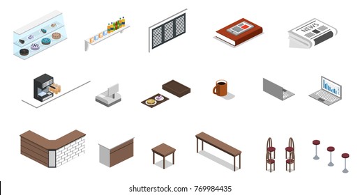 Isometric 3D vector illustration set of object for making coffee shop or canteen