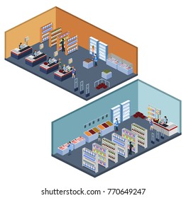 Isometric 3D vector illustration set of a grocery store with buyers and cashier