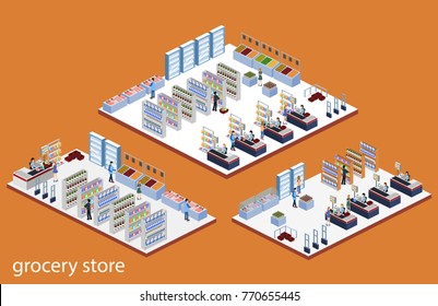 Isometric 3D vector illustration set of a grocery store with buyers and cashier