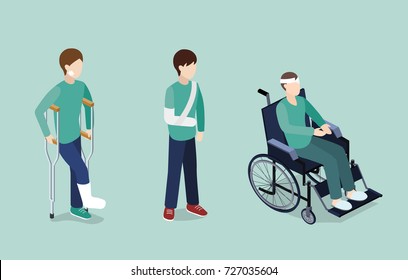 Isométrico ilustración vectorial 3D pacientes enfermos con fracturas y sillas de ruedas. Fractura de brazos y piernas. El paciente está en silla de ruedas. La gente está enferma.