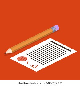 Isometric 3D vector illustration of signing a contract with a pencil