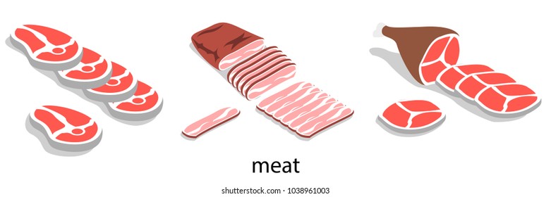 Isometric 3D vector illustration Sliced chopped fresh meat