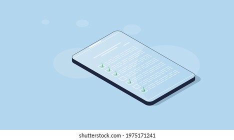 Isometric 3d vector illustration. Smartphone screen with questionnaire checklist on blue background. Isometry online feedback. Education exam form