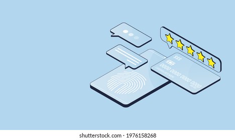 Isometric 3d vector illustration. Smartphone with fingerprint credit card and 5 stars bubble. Online banking