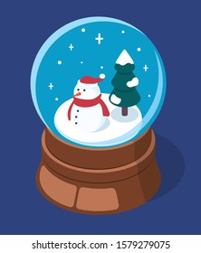 Isometric 3D vector illustration snow globe with snowman and christmas tree
