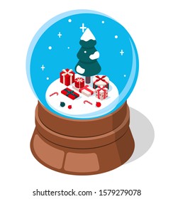 Isometric 3D vector illustration snow globe with christmas tree and presents