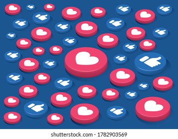 Isometric 3D vectorial ilustración con medios sociales gusta de íconos en fondo azul.   Elementos de diseño para web, aplicaciones, marketing y negocios