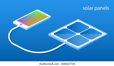 Isometric 3D vector illustration solar panels and charging to generate electricity for the phone