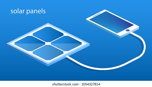Isometric 3D vector illustration solar panels and charging to generate electricity for the phone