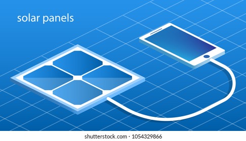 Isometric 3D vector illustration solar panels and charging to generate electricity for the phone