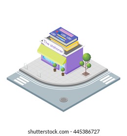 Isometric 3d vector illustration of stationary. Shop which sells office supplies. City landscape.