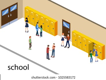 Isometric 3D vector illustration students in the school corridor go to classes