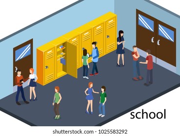 Isometric 3D vector illustration students in the school corridor go to classes