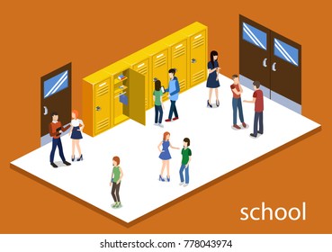 Isometric 3D vector illustration students in the school corridor go to classes