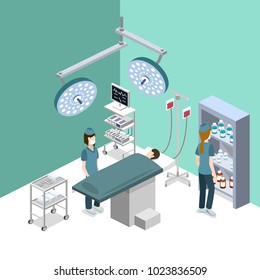 Isometric 3D vector illustration surgeon operates on the patient