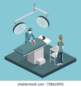 Isometric 3D vector illustration surgeon operates on the patient. The nurse assists the doctor. The doctor is treating the patient.