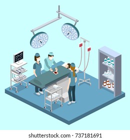 Isometric 3D vector illustration surgeon operates on the patient. The nurse assists the doctor. The doctor is treating the patient.