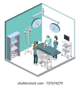 Isometric 3D vector illustration surgeon operates on the patient. The nurse assists the doctor. The doctor is treating the patient.