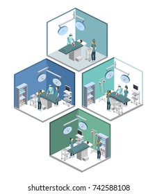 Isometric 3D vector illustration surgeon operates on the patient. The nurse assists the doctor. The doctor is treating the patient.