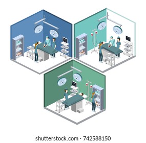 Isometric 3D vector illustration surgeon operates on the patient. The nurse assists the doctor. The doctor is treating the patient.