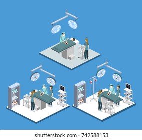 Isometrischer 3D-Vektorgrafik-Chirurg arbeitet am Patienten. Die Krankenschwester hilft dem Arzt. Der Arzt behandelt den Patienten.