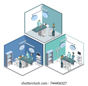 Isometric 3D vector illustration surgeon operates on the patient. The nurse assists the doctor. The doctor is treating the patient.