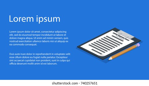 Isometric 3D vector illustration task list and pencil