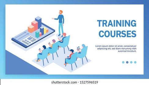 Isometric 3d Vector Illustration Of Training Courses. Include People, Chairs, Phone, Graphics