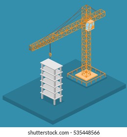 Isometric 3D vector illustration truck crane construction. construction of a multistory building.