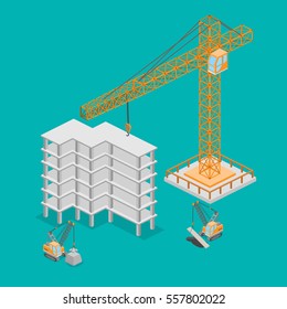 Isometric 3D vector illustration truck crane construction. construction of a multistory building.