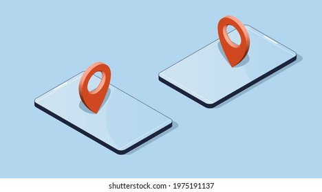 Isometric 3d vector illustration. Two blue smartphones with a red gps marker on a screens.
