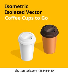 Isometric 3D vector illustration of two coffee paper cups to go. Isolated objects on orange background