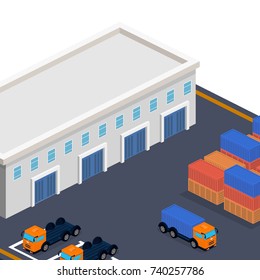 Isometric 3D vector illustration warehouse with loading machines and containers
