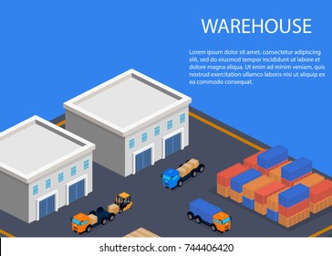 Isometric 3D vector illustration warehouse with loading machines and containers