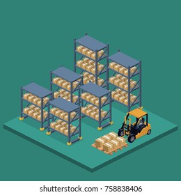 Isometric 3D vector illustration warehouse with a forklift, goods and people. Logistic process in the warehouse